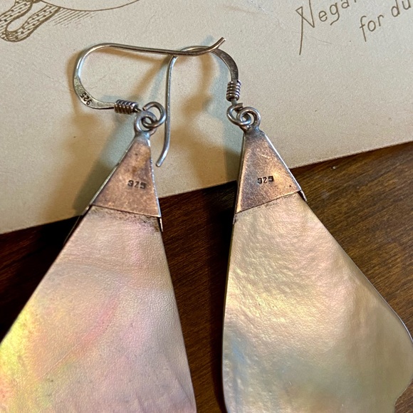 SOLD-Vintage Stylized Fan Leaf shaped Abalone Shell & Sterling Drop Earrings - Picture 7 of 15